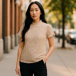 Elegant Stretch Lace Feminine Beige Top